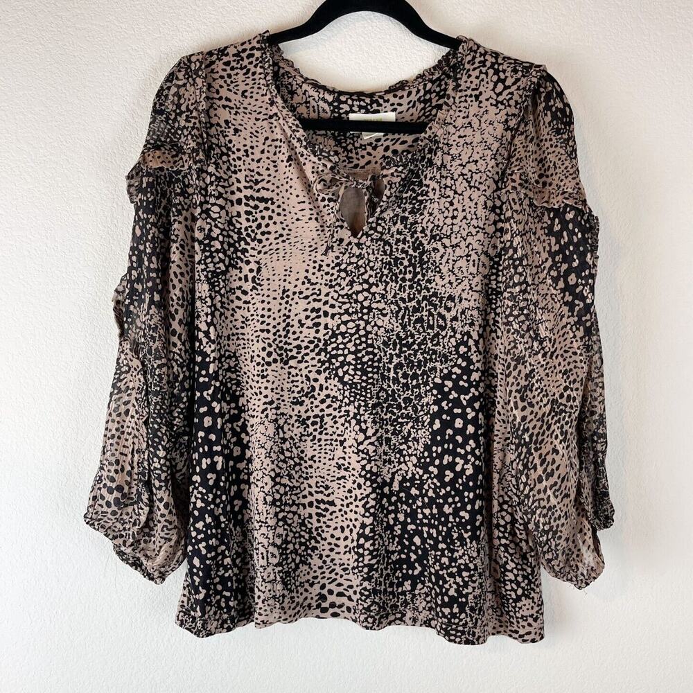 Anthropologie Maeve Animal Print Top Womens Medium Tan Black 3/4 Sleeve Blouse